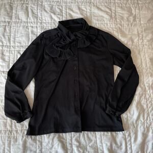 Vintage 60s victorian pleated tie neck blouse sz L black union made gothic